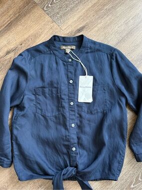 Tommy Bahama Women’s XS Navy Linen Tie-Front Shirt Blouse NWT